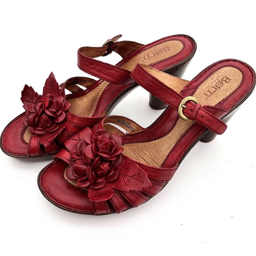 Born Red Leather Floral Rosette Heeled Sandals Women's 10.5 Ankle Strap - Picture 11 of 12